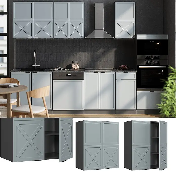 Vicco Schrankküche Fame-Line Hellblau-grau - Hellblau-grau, Hängeschrank 60 cm - Helle graue Küchenschränke mit X-Muster und glatten Türen, in einer modernen Küche integriert.