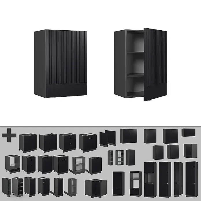 Vicco Hängeschrank Fame-Line, Schwarz gestreift, 50 cm -  - Kollektion dunkler Küchenschränke mit geriffelten Türen, inklusive Unter-, Wand- und Hochschränken.