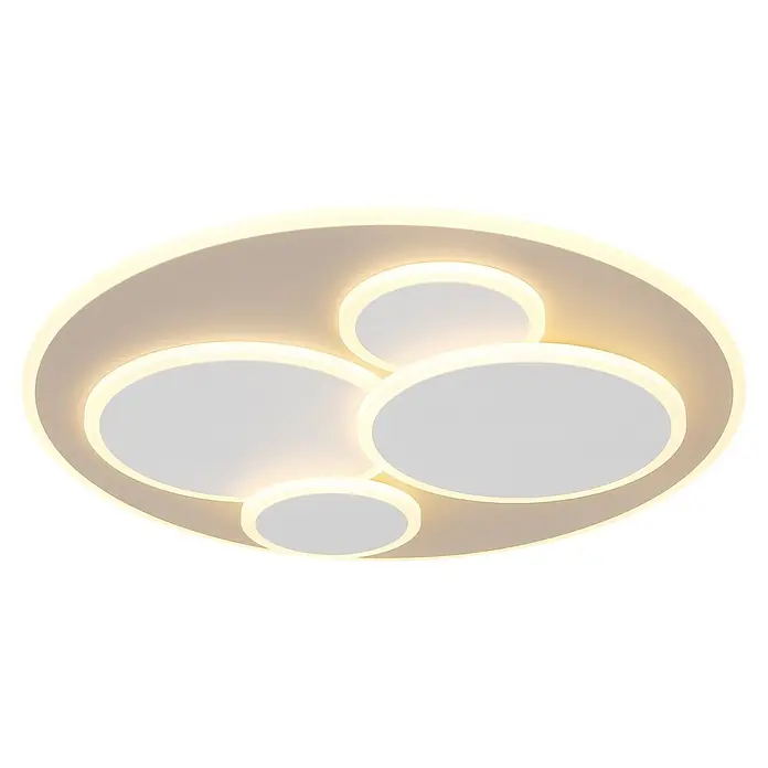 Globo LED-Deckenleuchte rund Monty - 40 W, Warmweiß - Moderne elliptische Deckenleuchte mit mehreren leuchtenden ovalen warmweißen Lichtpaneelen auf cremefarbenem Sockel.