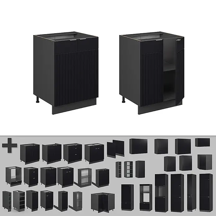 Vicco Schrankküche Fame-Line Schwarz gestreift ohne Arbeitsplatte - Schwarz gestreift, Unterschrank 60 cm - Modulare schwarze Küchenunterschränke mit Lamellenfronten, einer offen mit Regal. Verschiedene Konfigurationen unten gezeigt.