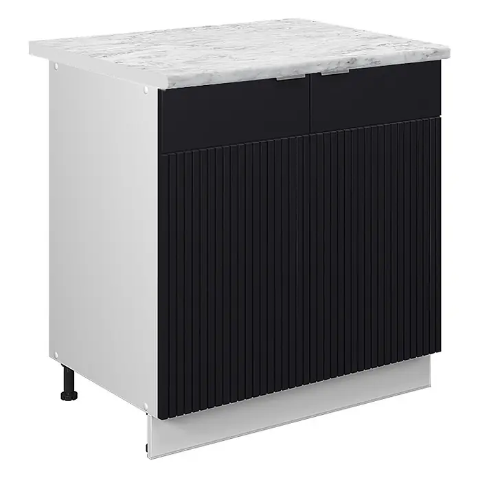 Vicco Schrankküche Fame-Line Schwarz gestreift mit Regal, AP Marmor - Schwarz gestreift, Unterschrank 80 cm, AP Marmor - Weißer Küchenunterschrank mit Marmor-Arbeitsplatte und schwarzer geriffelter Front.