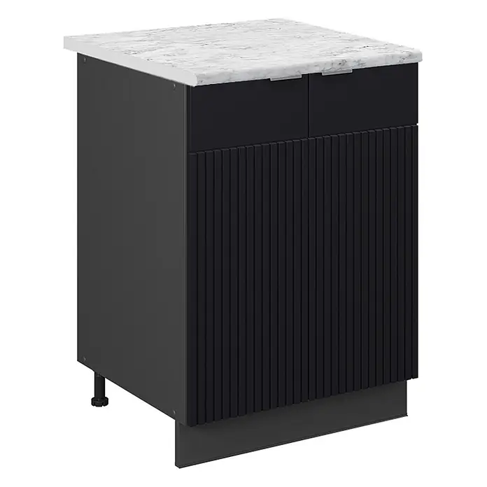 Vicco Küchenunterschrank Fame-Line, Schwarz gestreift, 60 cm -  - Dunkelgrauer Küchenunterschrank mit weißer Marmoroptik-Arbeitsplatte, zwei Schubladen und geriffelter Front.