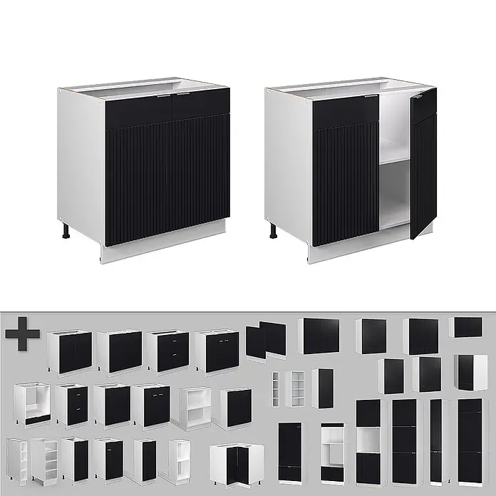 Vicco Schrankküche Fame-Line Schwarz gestreift mit Regal, ohne Arbeitsplatte - Schwarz gestreift, Unterschrank 80 cm - Modulare Küchenschränke mit schwarzen geriffelten Fronten und weißen Korpus, inklusive Schubladen, Türen und offenen Regalen.