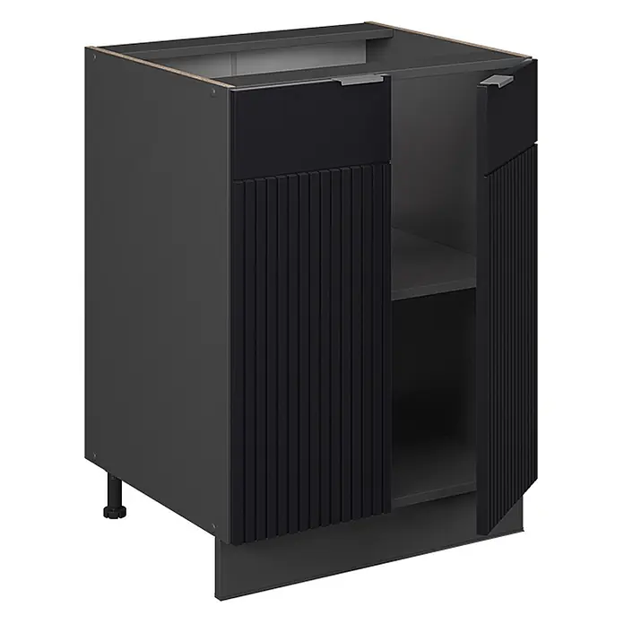 Vicco Schrankküche Fame-Line Schwarz gestreift ohne Arbeitsplatte - Schwarz gestreift, Unterschrank 60 cm - Dunkelgrauer Küchenunterschrank mit geriffelten Türen, eine offenbart ein Regal. Mit Schublade, silbernen Griffen und verstellbaren Füßen.