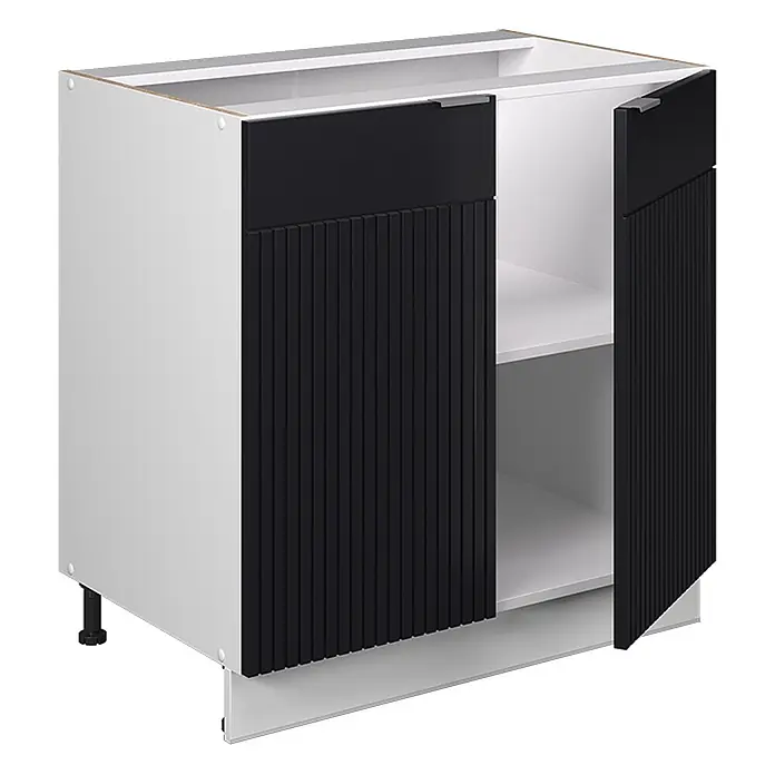 Vicco Schrankküche Fame-Line Schwarz gestreift mit Regal, ohne Arbeitsplatte - Schwarz gestreift, Unterschrank 80 cm - Weißer Unterschrank mit schwarzen geriffelten Doppeltüren und schwarzer Schubladenfront.