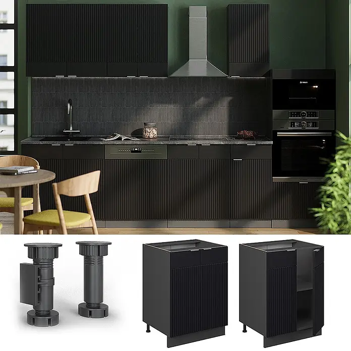 Vicco Schrankküche Fame-Line Schwarz gestreift ohne Arbeitsplatte - Schwarz gestreift, Unterschrank 60 cm - Moderne schwarze Küchenschränke mit vertikaler Rillenstruktur, in eine komplette Kücheneinrichtung integriert.