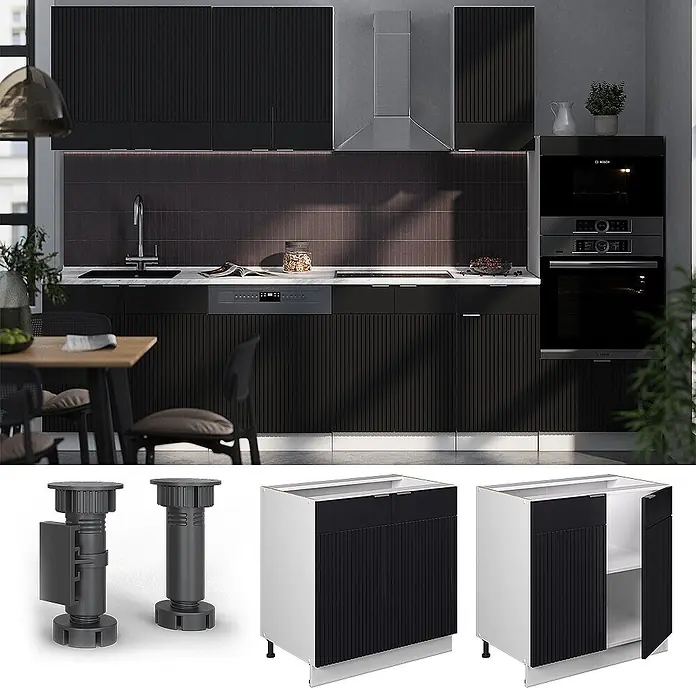 Vicco Schrankküche Fame-Line Schwarz gestreift mit Regal, ohne Arbeitsplatte - Schwarz gestreift, Unterschrank 80 cm - Moderne Küche mit schwarzen geriffelten Schränken und integrierten Geräten. Details zeigen verstellbare Füße und vielseitige schwarze Unterschränke.