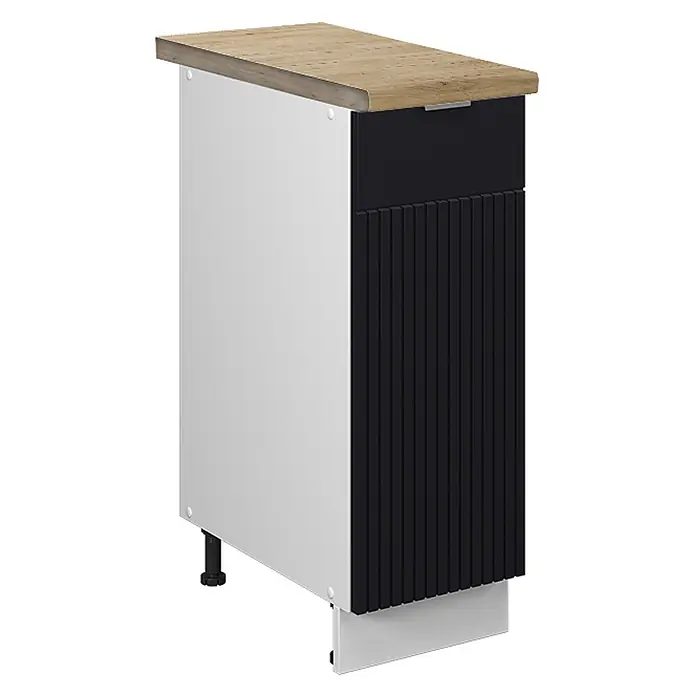 Vicco Schrankküche Fame-Line Schwarz gestreift, AP Eiche - Schwarz gestreift, Apothekerunterschrank 30 cm, AP Eiche - Schmaler Schrank mit heller Holzplatte, weißer Seite und schwarzer geriffelter Front mit Schublade.