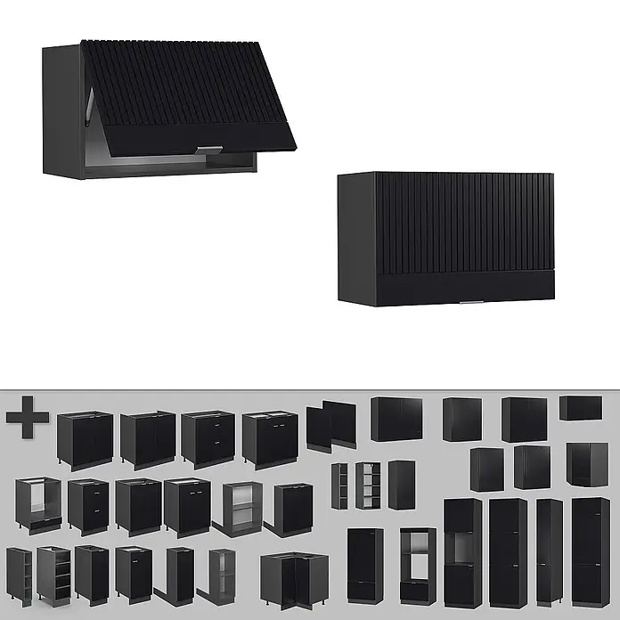 Vicco Hängeschrank Fame-Line, Schwarz gestreift, 60 cm -  - Schwarze gerippte Küchenschränke: Hänge-, Unter- und Hochschränke, offen und geschlossen.