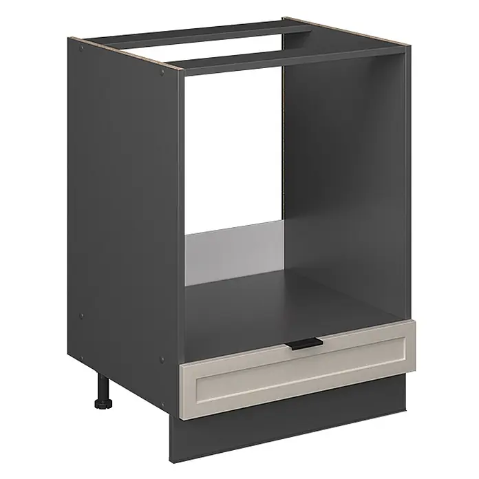 Vicco Schrankküche Fame-Line GrauBeige ohne Arbeitsplatte - GrauBeige, Herdumbauschrank 60 cm - Dunkelgrauer Küchenunterschrank für Geräte, mit hellbeiger Schublade, schwarzem Griff und Sockelblende.