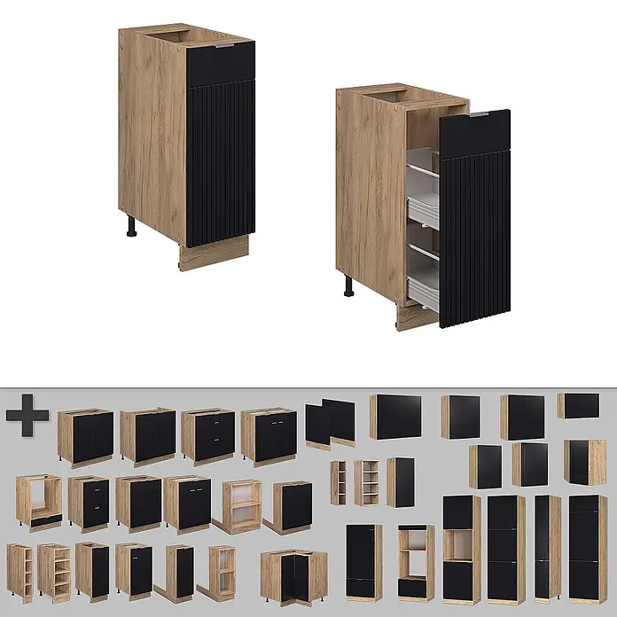 Vicco Schrankküche Fame-Line Schwarz gestreift, AP Eiche - Schwarz gestreift, Apothekerunterschrank 30 cm, AP Eiche - Modulare Küchenschränke mit hellem Holzkorpus und schwarzen geriffelten Fronten, teilweise geöffnet mit Auszügen.