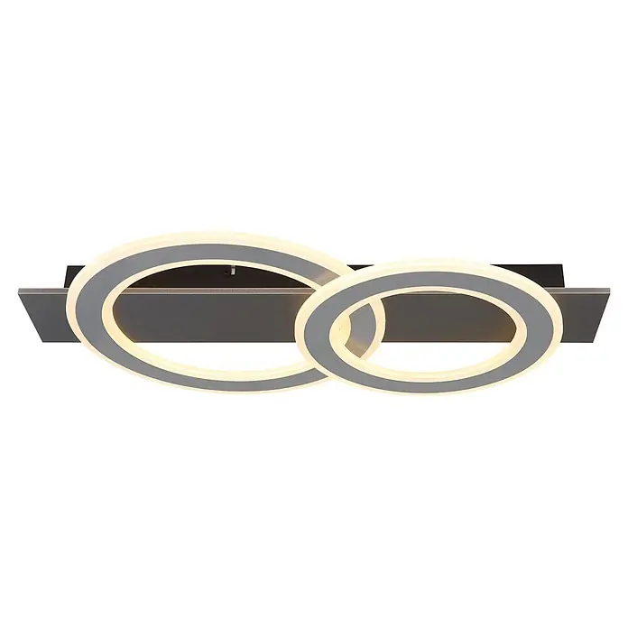 Globo LED-Deckenleuchte Jayden - 40 W, L x B x H: 630 x 350 x 70 mm, Warmweiß - Moderne Deckenleuchte mit zwei ineinandergreifenden weißen und grauen LED-Ringen auf schwarzem Sockel.