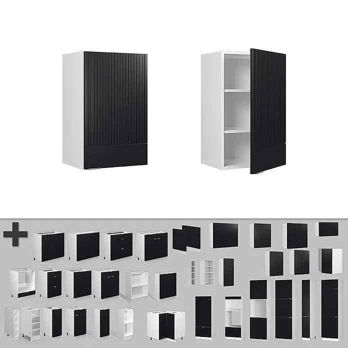 Vicco Schrankküche Fame-Line Schwarz gestreift - Schwarz gestreift, Hängeschrank 45 cm - Weißer Küchenwandschrank mit schwarzen geriffelten Türen, geschlossen und offen mit Regalen. Eine Auswahl passender Schrankmodule.