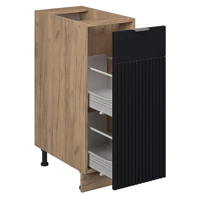 Vicco Schrankküche Fame-Line Schwarz gestreift, AP Eiche - Schwarz gestreift, Apothekerunterschrank 30 cm, AP Eiche - Küchenunterschrank in Holzoptik mit schwarzer gerippter Tür, leicht geöffnet, zeigt zwei Ausziehregale.