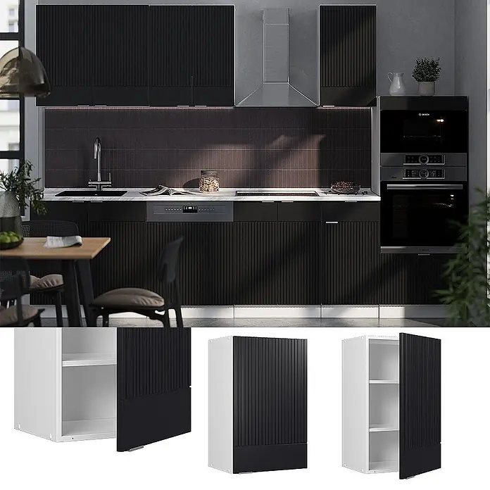 Vicco Schrankküche Fame-Line Schwarz gestreift - Schwarz gestreift, Hängeschrank 45 cm - Schwarzer, geriffelter Küchenhängeschrank mit weißen Einlegeböden, in einer modernen Küche und als Einzelartikel gezeigt.
