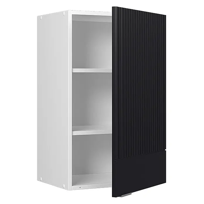 Vicco Schrankküche Fame-Line Schwarz gestreift - Schwarz gestreift, Hängeschrank 45 cm - Weißer Wandschrank mit zwei Regalböden und einer teilweise geöffneten schwarzen geriffelten Tür.