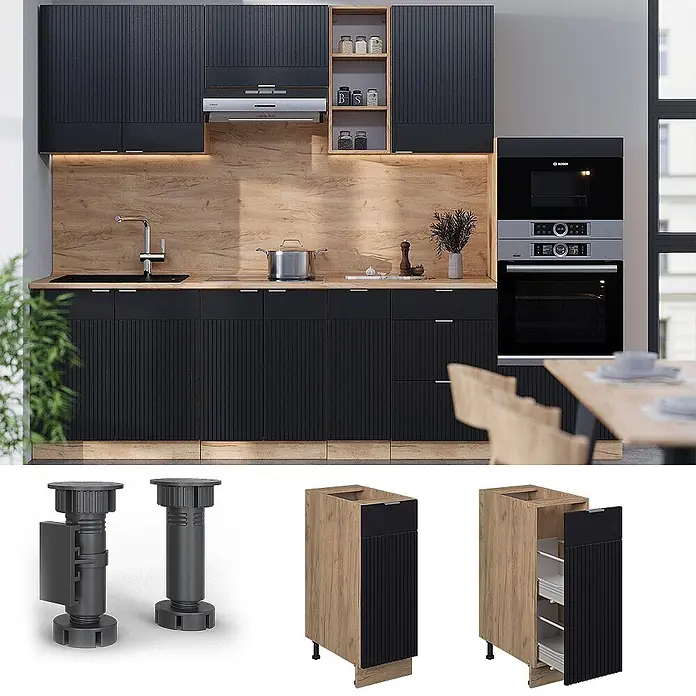Vicco Schrankküche Fame-Line Schwarz gestreift, AP Eiche - Schwarz gestreift, Apothekerunterschrank 30 cm, AP Eiche - Moderne Modulküche mit schwarzen geriffelten Schranktüren, Holz-Arbeitsplatten und integrierten Geräten. Inklusive verstellbarer Füße und Stauraumlösungen.