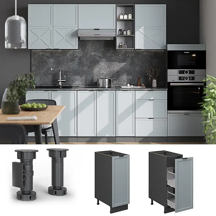 Vicco Schrankküche Fame-Line Hellblau-grau, AP Marmor - Hellblau-grau, Apothekerunterschrank 30 cm, AP Marmor - Moderne hellblaue Küche mit dunklen Arbeitsplatten. Modulares Design, verstellbare Beine und schmale Auszugsschränke für effiziente Lagerung.
