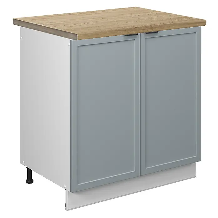 Vicco Schrankküche Fame-Line Hellblau-grau, AP Eiche - Hellblau-grau, Spülenunterschrank 80 cm, AP Eiche - Küchenunterschrank mit Holzplatte, weißem Korpus, zwei blaugrauen Türen, schwarzen Griffen, verstellbaren Füßen und weißer Sockelleiste.