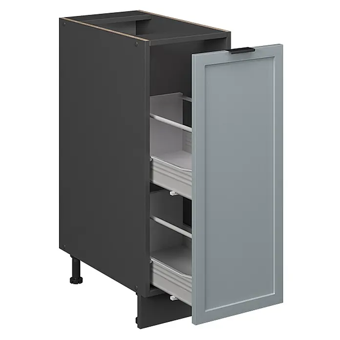 Vicco Schrankküche Fame-Line Hellblau-grau, AP Marmor - Hellblau-grau, Apothekerunterschrank 30 cm, AP Marmor - Dunkelgrauer Küchenunterschrank mit hellgrauer Shaker-Tür, zwei hellgrauen Innenauszügen und schwarzem Griff.