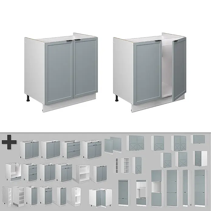 Vicco Schrankküche Fame-Line Hellblau-grau, AP Eiche - Hellblau-grau, Spülenunterschrank 80 cm, AP Eiche - Zwei graue Küchenunterschränke (einer offen) und eine Auswahl weiterer Küchenmodulschränke in Grau und Weiß.
