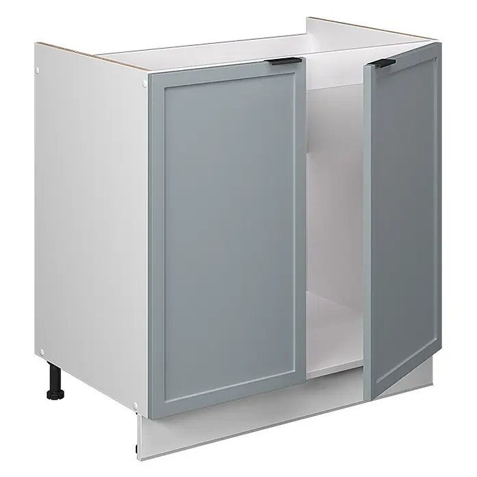 Vicco Schrankküche Fame-Line Hellblau-grau, AP Eiche - Hellblau-grau, Spülenunterschrank 80 cm, AP Eiche - Weißer Küchenunterschrank mit zwei hellgraublauen Türen, eine leicht geöffnet, auf schwarzen verstellbaren Füßen, mit weißer Sockelblende.