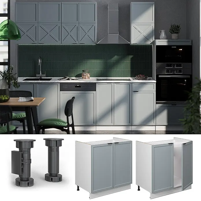 Vicco Schrankküche Fame-Line Hellblau-grau, AP Eiche - Hellblau-grau, Spülenunterschrank 80 cm, AP Eiche - Moderne Küche mit grauen Shaker-Schränken und Einbaugeräten. Verstellbare Möbelfüße und modulare Unterschränke mit grauen Türen sind ebenfalls abgebildet.