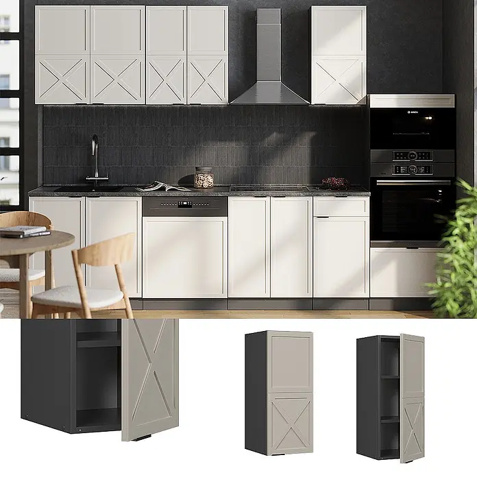 Vicco Schrankküche Fame-Line GrauBeige - GrauBeige, Hängeschrank 30 cm - Hellgraue Küchenschränke mit dekorativen Kreuzplatten-Türen, teils mit dunklen Innenfächern, in moderner Küche.