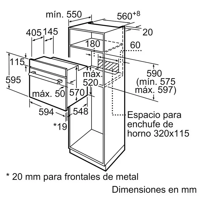 Balay Horno empotrado 3HB2010X0 - Volumen horno: 66 l, Número de tipos de calentamiento: 5 ud. - Diagrama de un horno empotrable con medidas, indicando dimensiones y espacio necesario para la instalación.