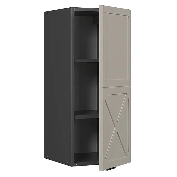 Vicco Schrankküche Fame-Line GrauBeige - GrauBeige, Hängeschrank 30 cm - Dunkelgrauer Wandschrank mit hellgrauer, leicht geöffneter Tür mit X-Muster und Innenregalen.