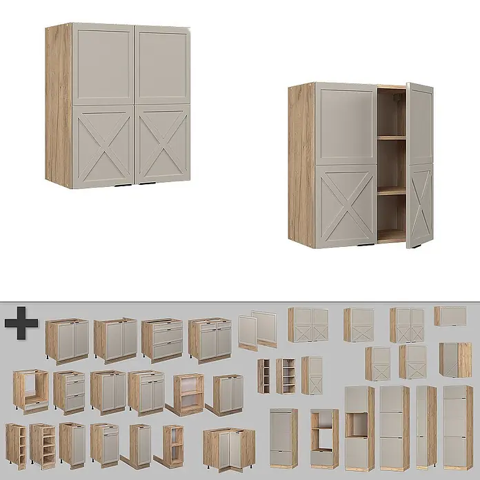 Vicco Schrankküche Fame-Line GrauBeige - GrauBeige, Hängeschrank 60 cm - Modulare Küchenschränke mit hellbeigen Türen, teils mit X-Detail, und hellen Holzfronten, in verschiedenen Konfigurationen dargestellt.