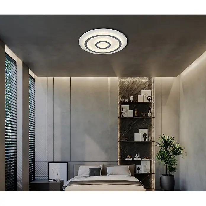 Globo LED-Deckenleuchte rund Jayden - 40 W, Ø x H: 45 x 5,5 cm - Moderne runde Deckenleuchte mit konzentrischen weißen und dunkelgrauen Ringen beleuchtet ein Schlafzimmer.