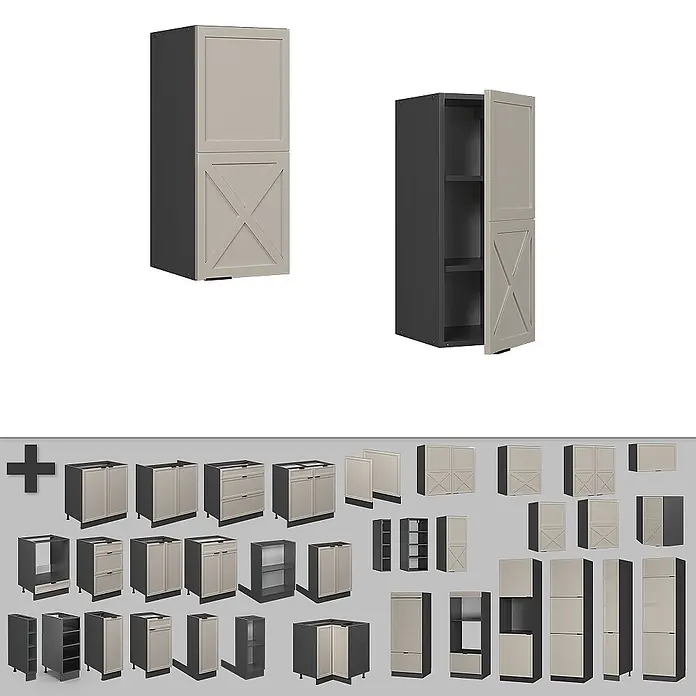 Vicco Schrankküche Fame-Line GrauBeige - GrauBeige, Hängeschrank 30 cm - Modulare Küchenschränke: graue Korpusse, hellbeige Türen (teils mit X-Detail), verschiedene Unter-, Ober- und Hochschränke.
