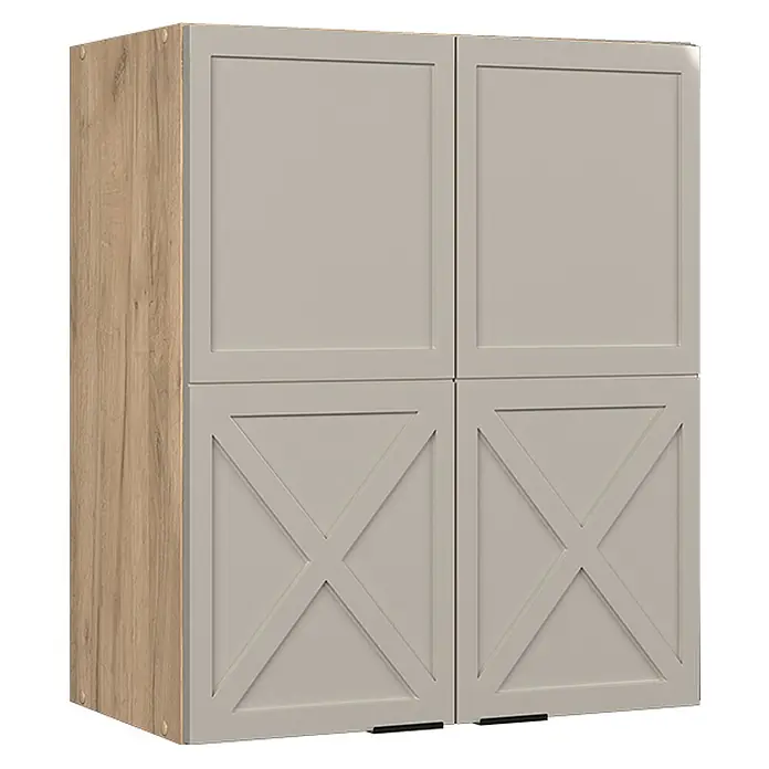Vicco Schrankküche Fame-Line GrauBeige - GrauBeige, Hängeschrank 60 cm - Zweistöckiger Schrank mit hellgrauen Türen; oben schlicht, unten mit X-Muster. Seitenwand in Holzoptik.