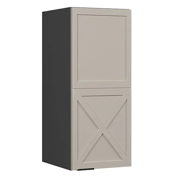 Vicco Schrankküche Fame-Line GrauBeige - GrauBeige, Hängeschrank 30 cm - Hellgrauer Wandschrank mit zwei Türen, die untere mit einem dekorativen Kreuzdesign, und einer dunkelgrauen Seitenwand.