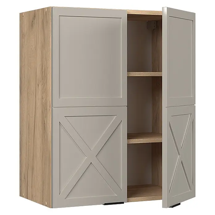 Vicco Schrankküche Fame-Line GrauBeige - GrauBeige, Hängeschrank 60 cm - Zweifarbiger Schrank mit hellen Holzseiten und hellgrauen Türen. Obere Türen glatt, untere Türen mit X-Design; eine Tür ist offen und zeigt Regale.