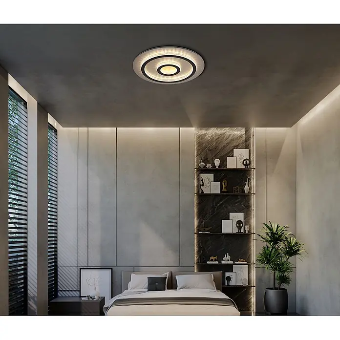 Globo LED-Deckenleuchte rund Jayden - 40 W, Ø x H: 45 x 5,5 cm - Runde, mehrringige LED-Deckenleuchte in Silber und Schwarz, beleuchtet ein modernes Schlafzimmer.