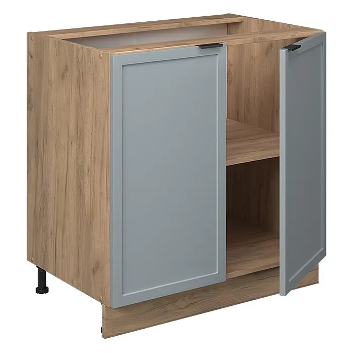 Vicco Schrankküche Fame-Line Hellblau-grau mit Regal, AP Marmor - Hellblau-grau, Unterschrank 80 cm, AP Marmor - Küchenunterschrank in Holzoptik mit zwei grauen Kassettentüren und einem Einlegeboden.