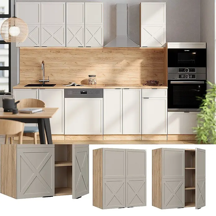 Vicco Schrankküche Fame-Line GrauBeige - GrauBeige, Hängeschrank 60 cm - Moderne Küchenschränke: weiße Türen mit X-Design, helle Holzoptik-Akzente. Integrierter Stauraum.