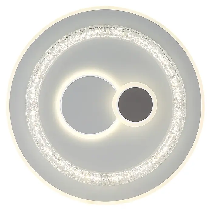 Globo LED-Deckenleuchte rund Kriswall - 48 W, Ø x H: 49,5 x 6 cm - Moderne LED-Deckenleuchte mit beleuchtetem Kristall-Außenring und zwei versetzten, kreisförmigen Innenleuchten in Weiß und Dunkelgrau.