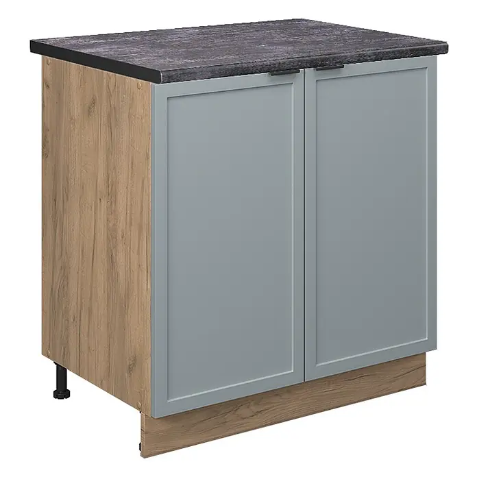 Vicco Schrankküche Fame-Line Hellblau-grau mit Regal, AP Anthrazit - Hellblau-grau, Unterschrank 80 cm, AP Anthrazit - Küchenunterschrank mit dunkler, strukturierter Arbeitsplatte, hellblau-grauen Schranktüren und Holzmaserung-Seiten.