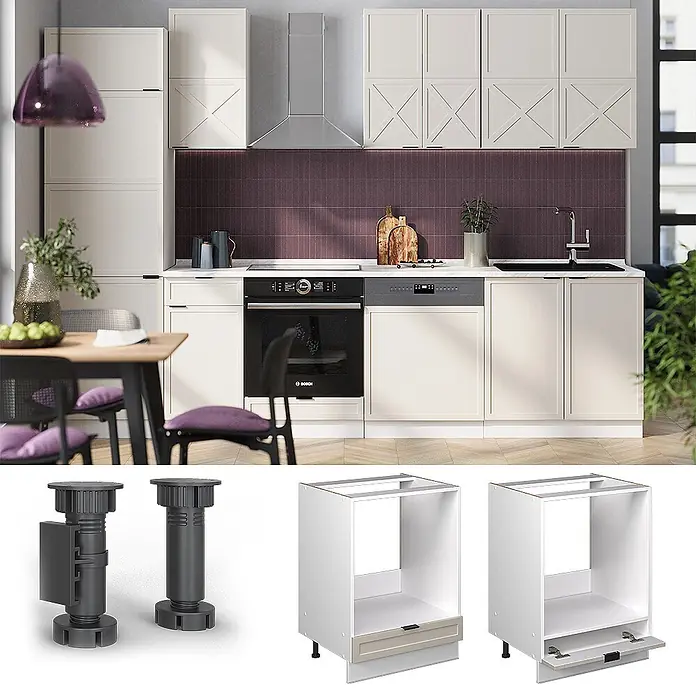 Vicco Schrankküche Fame-Line GrauBeige, AP Eiche - GrauBeige, Herdumbauschrank 60 cm, AP Eiche - Verstellbare dunkelgraue Schrankfüße und weiße Küchenunterschrankrahmen für integrierte Geräte, zusammen mit einem Beispiel einer modernen Küche dargestellt.