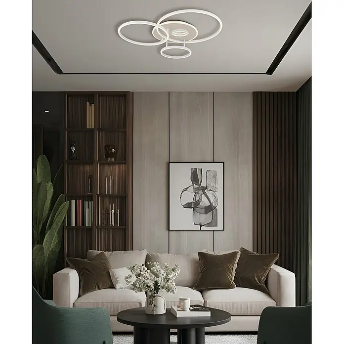 Globo LED-Deckenleuchte Invertina - 40 W, L x B x H: 807 x 700 x 130 mm - Moderne weiße Ring-LED-Deckenleuchte erhellt ein zeitgenössisches Wohnzimmer.
