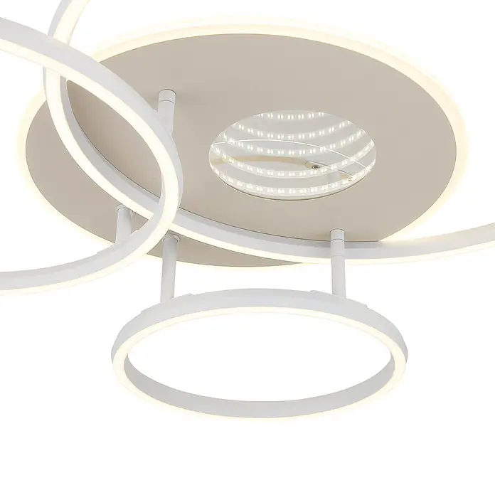 Globo LED-Deckenleuchte Invertina - 40 W, L x B x H: 807 x 700 x 130 mm - Moderne weiße LED-Deckenleuchte mit zentraler Scheibe und mehreren beleuchteten, überlappenden Ringen.