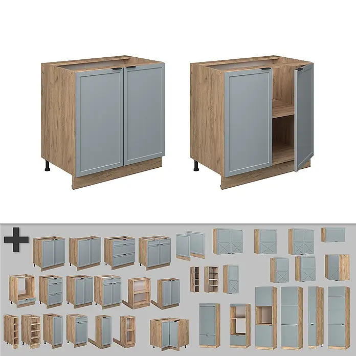 Vicco Schrankküche Fame-Line Hellblau-grau mit Regal, AP Marmor - Hellblau-grau, Unterschrank 80 cm, AP Marmor - Modulare Küchenschränke mit hellgrauen Türen und Holzoptik-Rahmen, zeigen verschiedene Stauraumkonfigurationen.