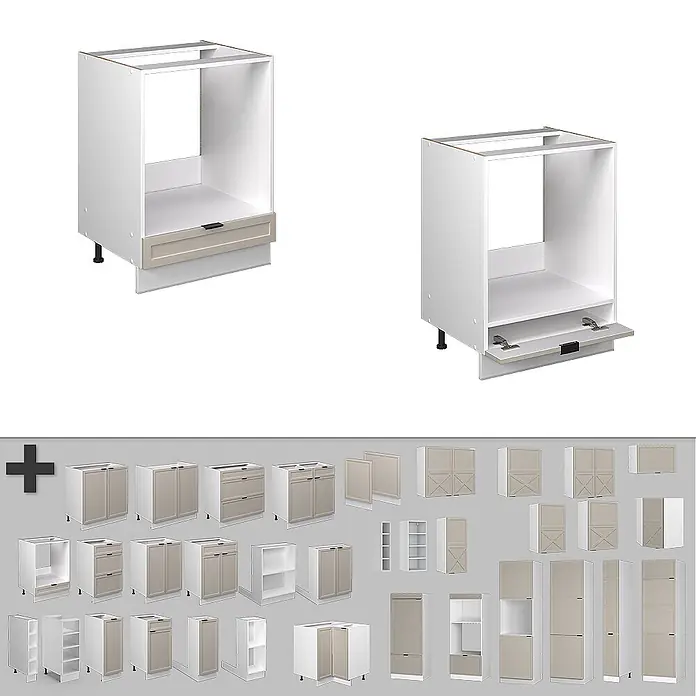 Vicco Schrankküche Fame-Line GrauBeige, AP Eiche - GrauBeige, Herdumbauschrank 60 cm, AP Eiche - Weiße Küchenunterschränke für Geräte mit beigefarbenen Fronten; eine Schublade geschlossen, eine offen. Eine modulare Schrankkollektion.