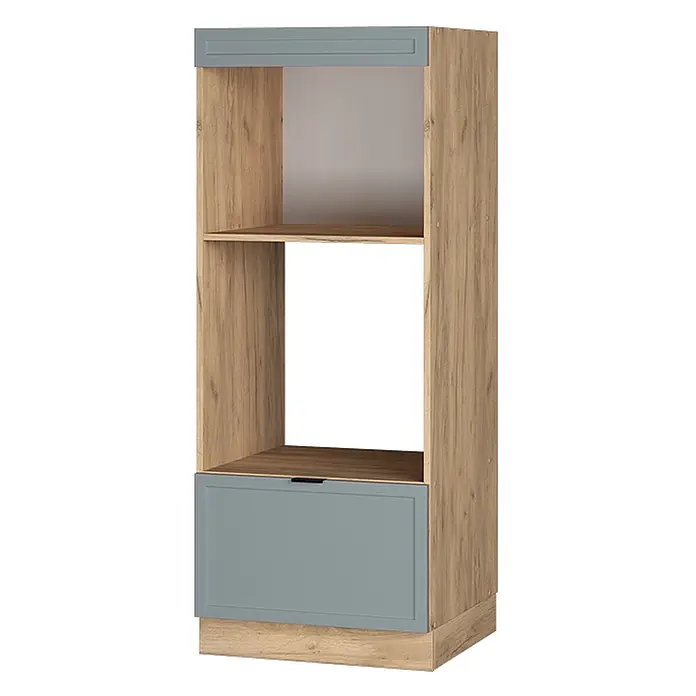 Vicco Schrankküche Fame-Line Hellblau-grau offen - Hellblau-grau, Mikrowellenumbauschrank 60 cm (offen) - Hoher Küchenschrank in Holzoptik mit zwei offenen Fächern und einer grauen Schublade, mit grauer oberer Blende.