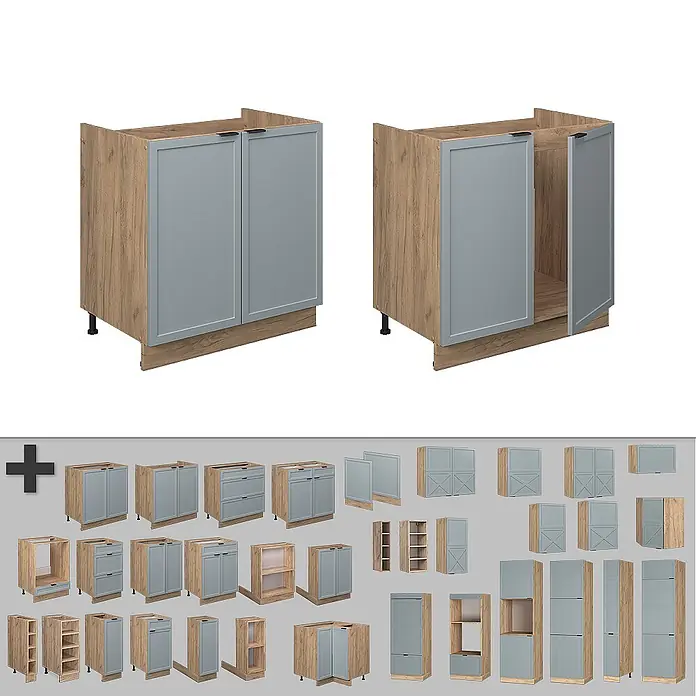 Vicco Schrankküche Fame-Line Hellblau-grau, AP Eiche - Hellblau-grau, Spülenunterschrank 80 cm, AP Eiche - Modulares Küchenschranksystem mit Holzoptik-Korpus und grauen Fronten, zeigt verschiedene Konfigurationen wie Unter-, Ober- und Hochschränke.