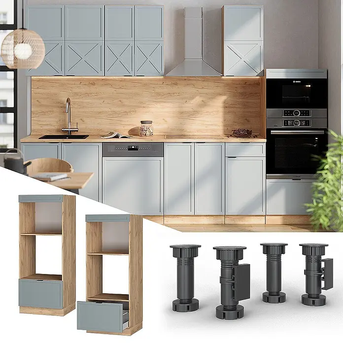 Vicco Schrankküche Fame-Line Hellblau-grau offen - Hellblau-grau, Mikrowellenumbauschrank 60 cm (offen) - Modulares Küchensystem mit hellblauen Schränken und Holzoberflächen, gezeigt mit offenen Regalen und verstellbaren Möbelfüßen.
