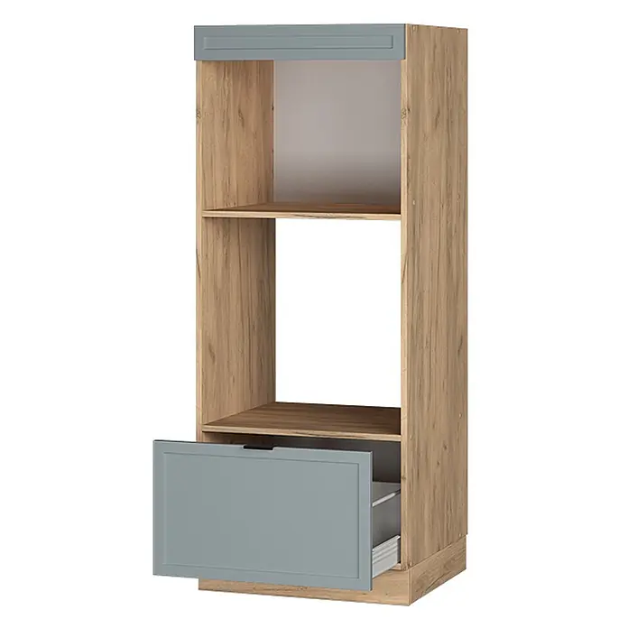 Vicco Schrankküche Fame-Line Hellblau-grau offen - Hellblau-grau, Mikrowellenumbauschrank 60 cm (offen) - Hoher Geräteschrank in Eichenoptik mit grauer Blende und geöffneter unterer Schublade.